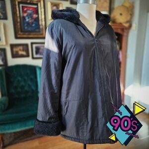 Geoffrey Beene Coat Jacket Vintage 90s‎ Sport Black Hooded Faux Fur Women Large
